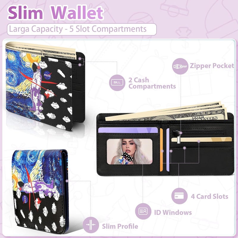 Funermei Cute Wallet for Men Women Cartoon Leather Bifold Wallet for Girls Boys Cool Astronauts Aesthetic Credit Card Holder RFID Blocking Id Cash Slim Small Bi Fold Wallets with Coin Pocket Teen - Image 4